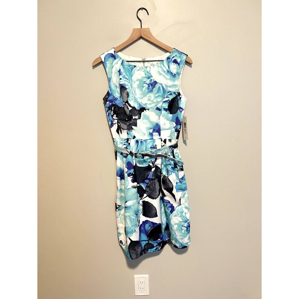 NWT Eliza J Faille Sheath Belted Floral Blue Mini Dress Pockets Women's Size 6 - Picture 4 of 12